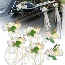 6 Pcs Ivory White Rose Wedding Car Decoration Kit - Bouquet Door Handle Rear
