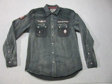 Affliction Shirt Mens Large Black Premium Skulls Patches Moto Slim Fit Button Up