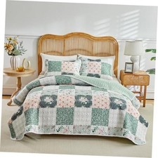 Joyreap 3 Pieces Floral Patchwork Quilt Set Queen Flowers Queen-90"x90" Green