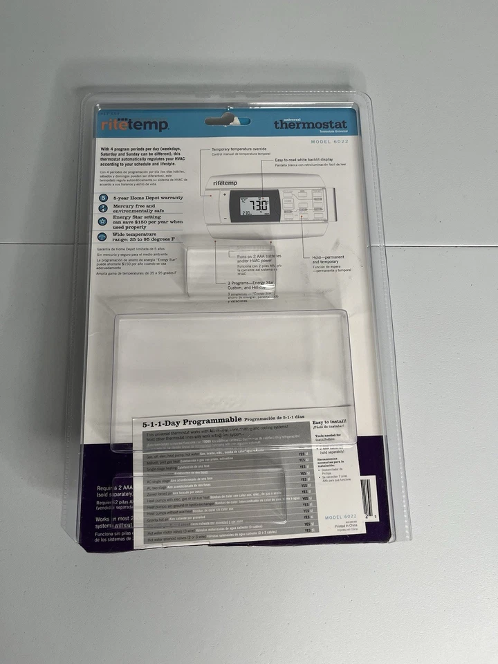 RiteTemp 6022 Universal 5-1-1 Programmable Thermostat Missing Parts, See Photos - Image 2 of 3