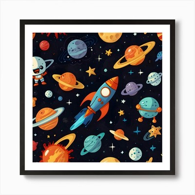 Animierte Zeichentrickfiguren im Weltraum gerahmtes Wandbild Poster Leinwanddruck Bild