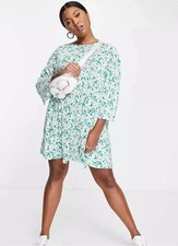 Asos Design Women Ditsy Floral Green Mini Smock Dress UK 24 EU 52 US 20Plus Size