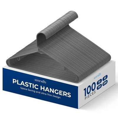 SereneLife 100 Pcs Plastic Hangers - Non-Slip, Sturdy w/ 360° Swivel Hook (Gray)