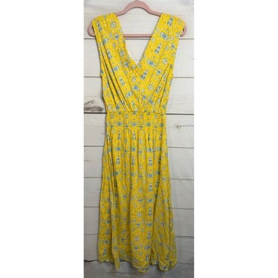 Roller Rabbit Emane Dress Chicha Lemon Yellow Block Print Smocked Midi Womens S
