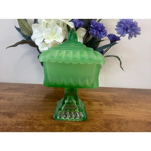 Jeannette Glass Wedding Box Green Frosted Covered Pedestal Candy Dish