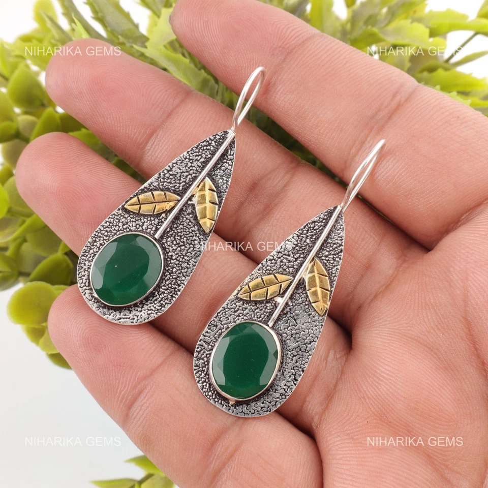 Argento Sterling Verde Naturale Onice Fatto a Mano Pendente Wife Orecchini Gioie - Immagine 4 di 4