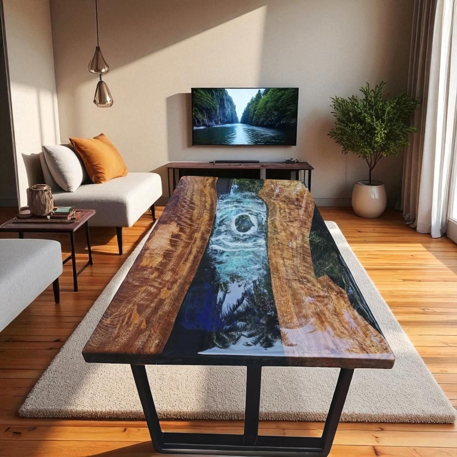 Custom Ocean Wave Resin Epoxy Live Edge Wood Table Top 48x24-image