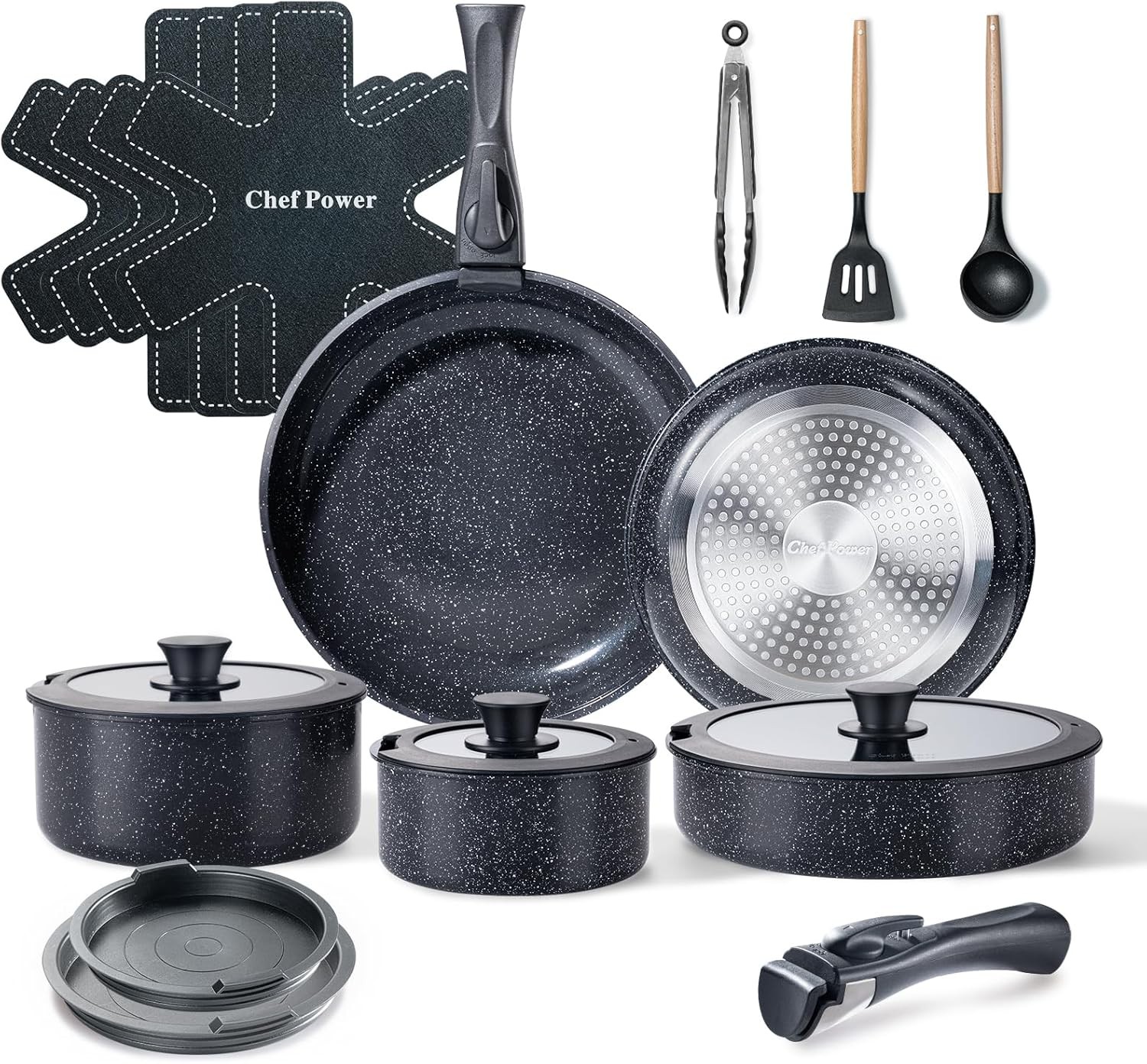 Chef Power Ceramic Nonstick Cookware Set 19 19 Pcs Set, Rock Stone Black
