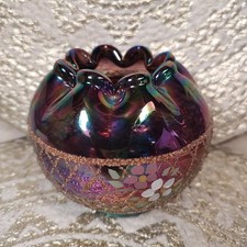 Fenton Vase Iridescent Art Glass Plum Amethyst Rose Bowl Hand Painted SIGNED