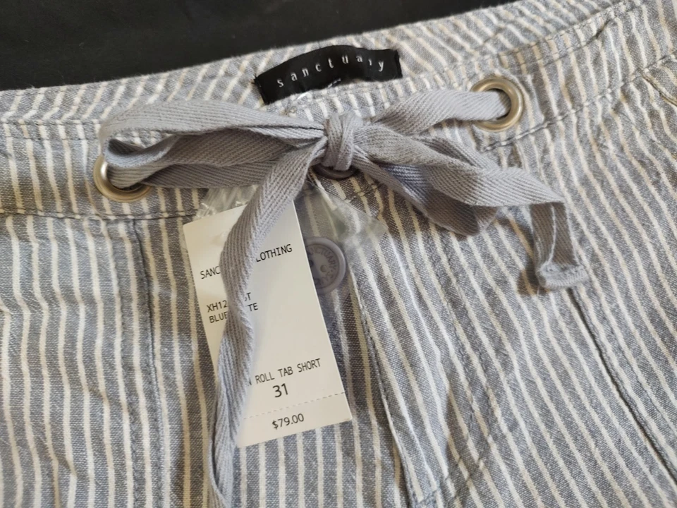 NWT Sanctuary Shorts Roll Tab Linen Blend Shorts Blue White Stripe Nautical 31 - Image 2 of 4
