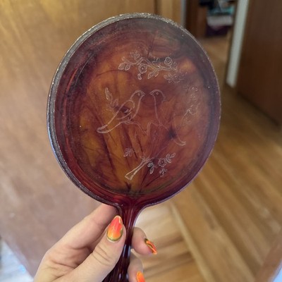 VTG Vanity Hand Mirror Two Doves, Amber Tones Plastic