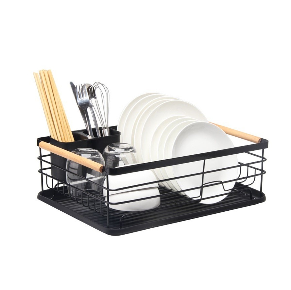 Abtropfstnder mit Tropfschale - Holzgriffen - Geschirrstnder in Schwarz 6390₽