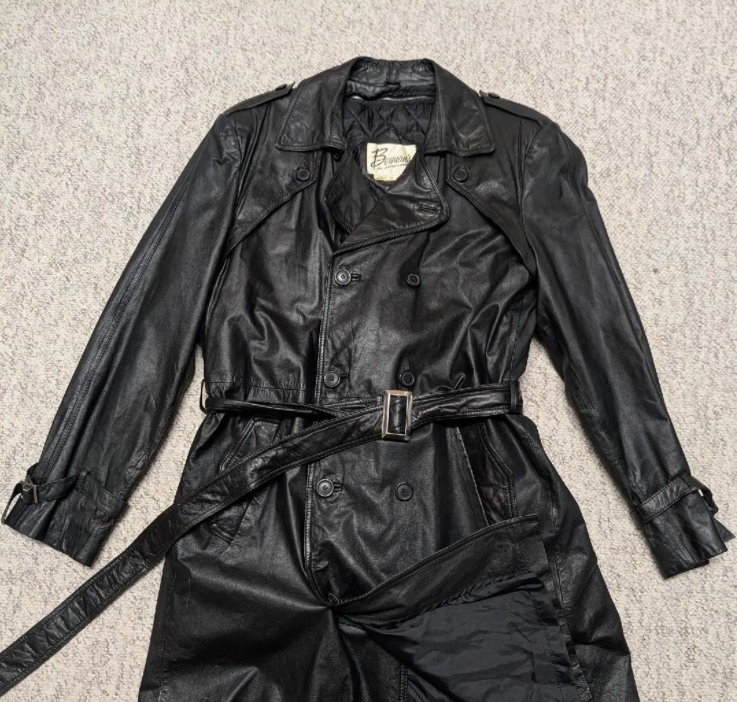 1980s vintage TRENCH COAT leather 42 double breasted BELTED black SHERLOCK - product detail image 1