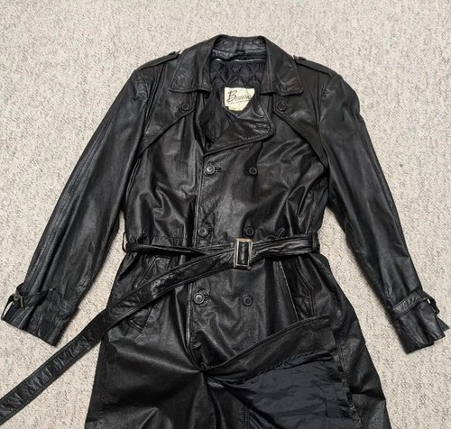 1980s vintage TRENCH COAT leather 42 double breasted BELTED black SHERLOCK - product listing photo