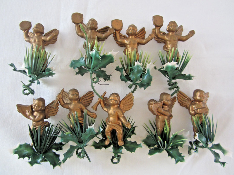 Vintage Lot of 9 CHERUB ANGEL Musicians GOLD Christmas Plastic Ornaments
