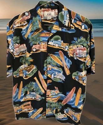 Hawaiian Shirt Woodie Wagon Surfboard Vintage Kad Aloha Tropical Camp Fits Large
