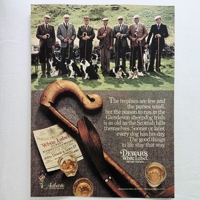 Vintage 1984 Dewar s White Label Scotch Ad Glendevon Sheepdog Trials Collie Art
