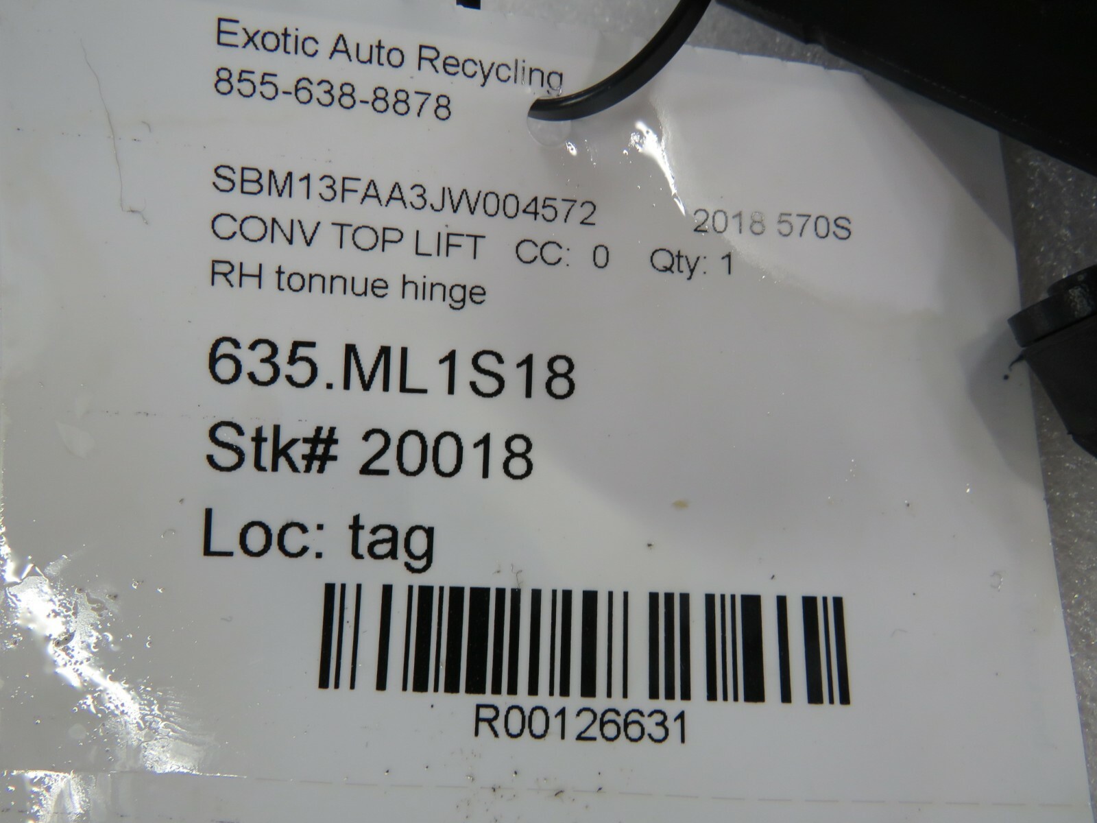 Mclaren 570s, RH, Right, Tonnue Hinge, Used