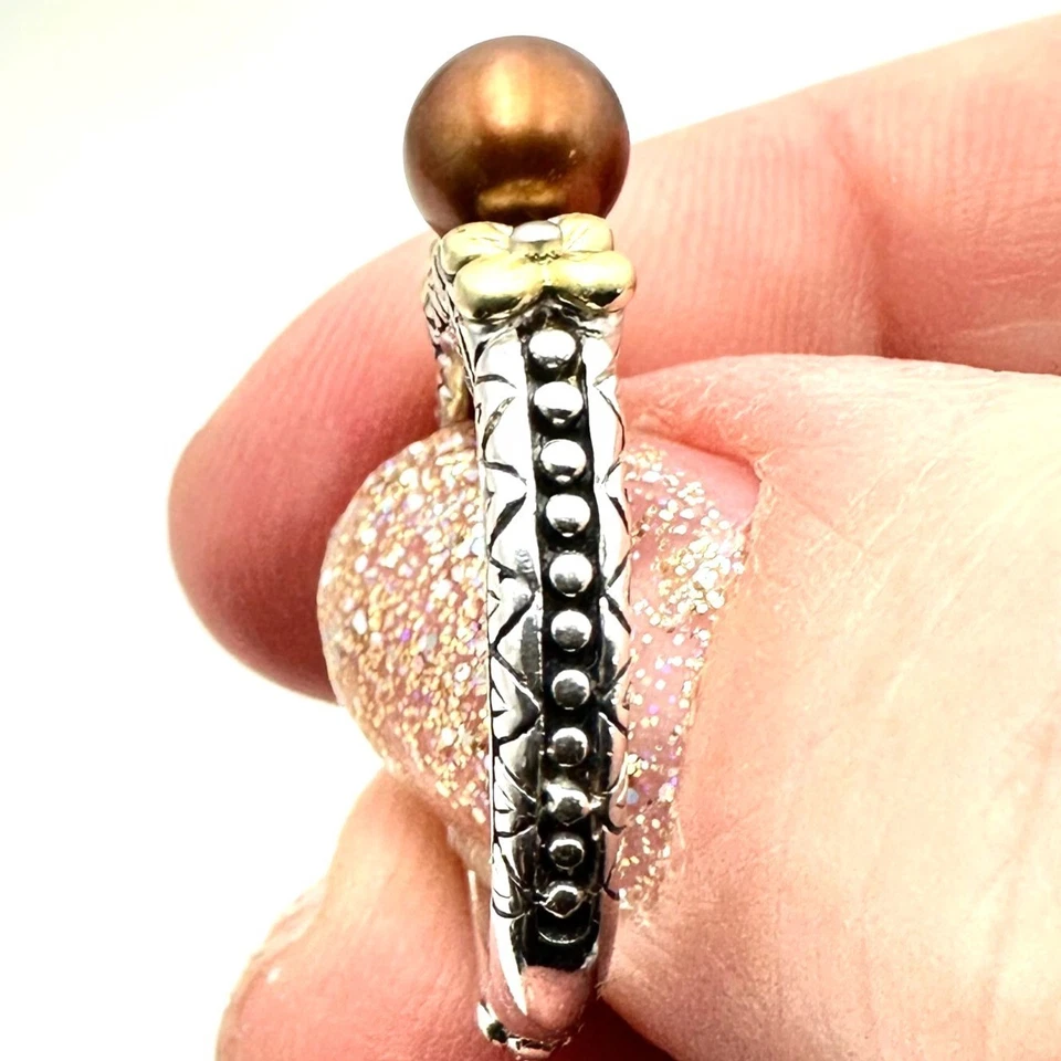 Anillo banda Barbara Bixby para mujer perla marrón plata de ley oro de 18 quilates talla 8 Foto 2 de 3