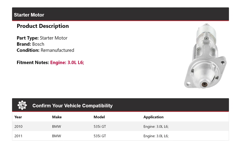 Arranque Bosch para BMW 535i GT 2010-2011 3,0 L L6 (remanufacturado) Foto 2 de 4