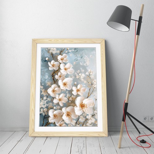 WHITE FLOWERS PAINTED ON BLUE BACKGROUND -FRAMED WALL ART POSTER PAPER PRINT - Picture 6 of 11