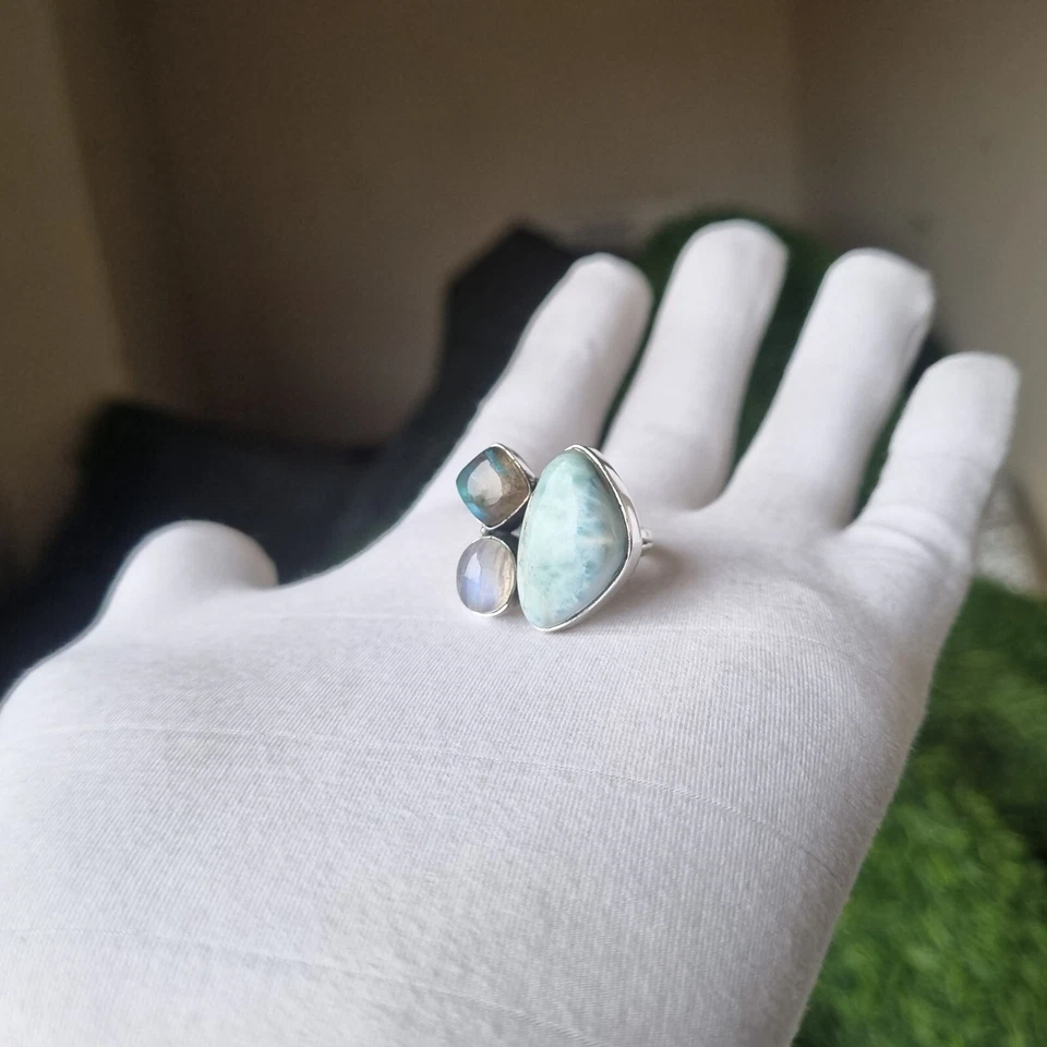 Anillo Larimar, Labradorita y Piedra Lunar Plata de Ley 925 Hecho a Mano Artículo PG3765 Foto 2 de 4