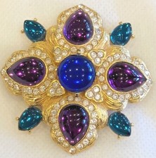 Vintage Joan Rivers Gold Tone Maltese Cross Cabochons Rhinestones Brooch Pin