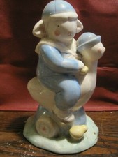 BABY PIGGY BANK 1987 Kathy Orr for Charpente-SAILOR Lamb Riding CHICKEN PULL Toy