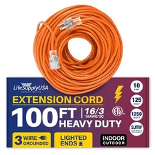 100ft Power Outdoor Extension Cord & Indoor - Waterproof Electric Drop Cord