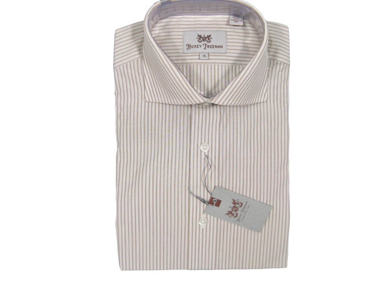 NEW $145 Hickey Freeman Dress Shirt! 14.5 33 34 *White Tan & Taupe Stripes*