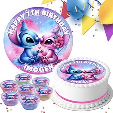 ANGEL & STITCH BIRTHDAY PERSONALISED EDIBLE CAKE TOPPER & CUPCAKE TOPPERS PK-400