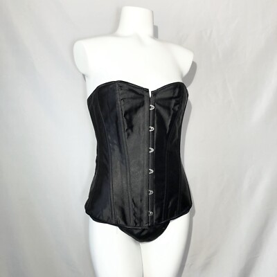 Satin Black Corset Lace Up Bustier Top Lingerie Waist Trainer & G-String Goth L