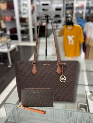 Michael Kors Sheila Women Brown Multifunction Tote Bag + Flat Phone Wallet Combo