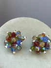 Vtg 1950's Button Earrings With Red & Blue Crystals-Costume Jewelry