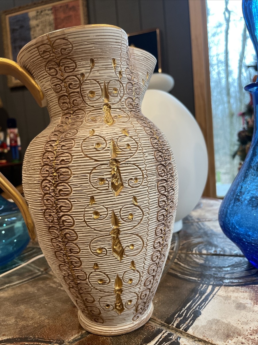Aldo Londi Bitossi Sgraffito Gilt Ceramic Pitcher MCM Italian