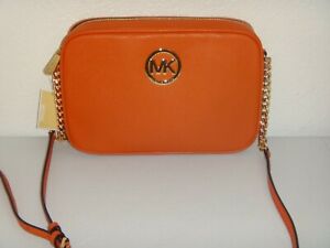 MICHAEL KORS Women&#39;s MK Fulton LG EW Crossbody Bag Orange Persimmon Leather Gold | eBay