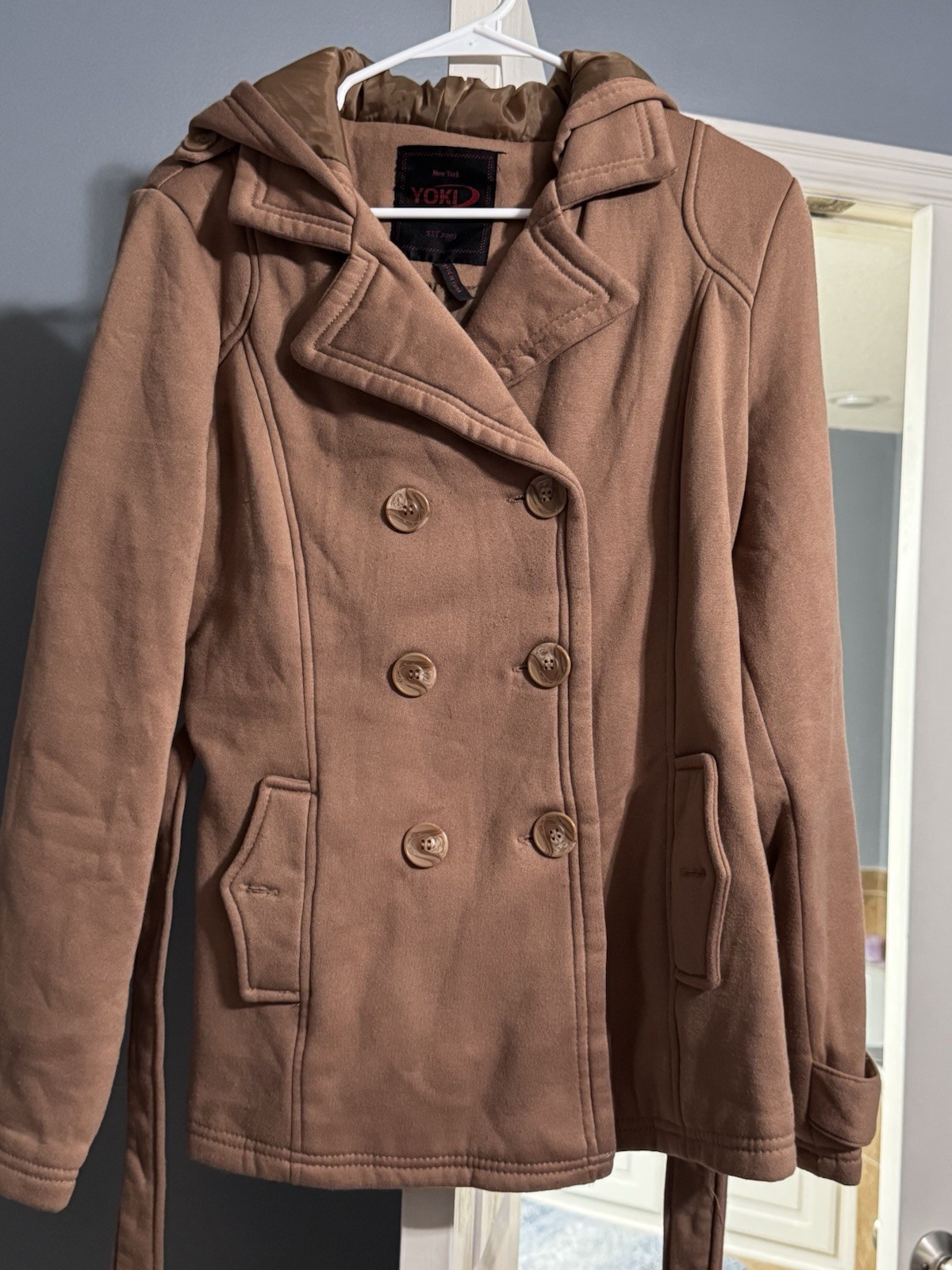 Yoki Women’s Brown Belted Peacoat with Hood – Size Large