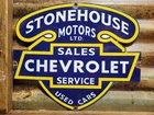 VINTAGE CHEVROLET PORCELAIN SIGN OLD STONEHOUSE MOTORS CHEVY USED CARS TRUCKS