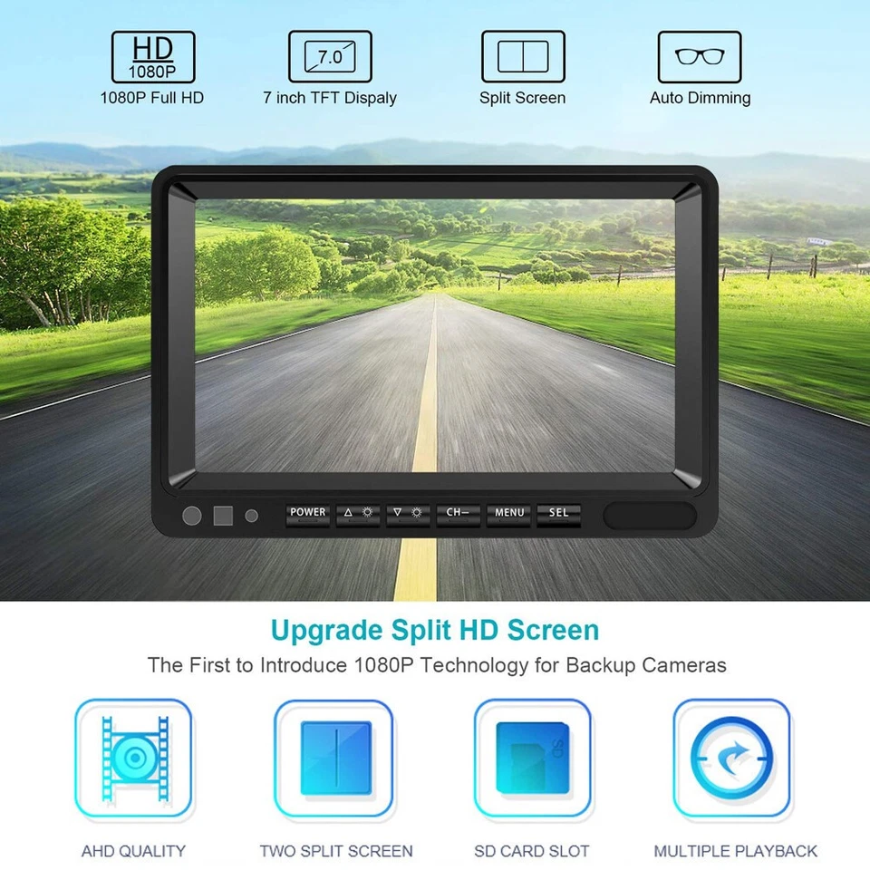 7" Split Monitor Dual Rear View Backup Camera DVR System For Semi Box Truck RV - Image 2 of 4