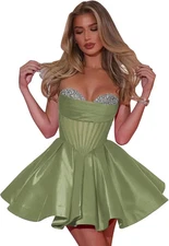Short Satin Homecoming Dresses Sparkly Strapless Beaded Cocktail Dress Robes 
