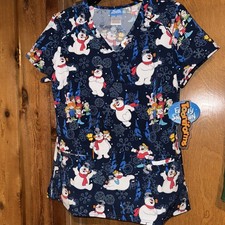 Frosty The Snowman Cherokee Scrubs Tooniforms Women  s V Neck Scrub Top NWT