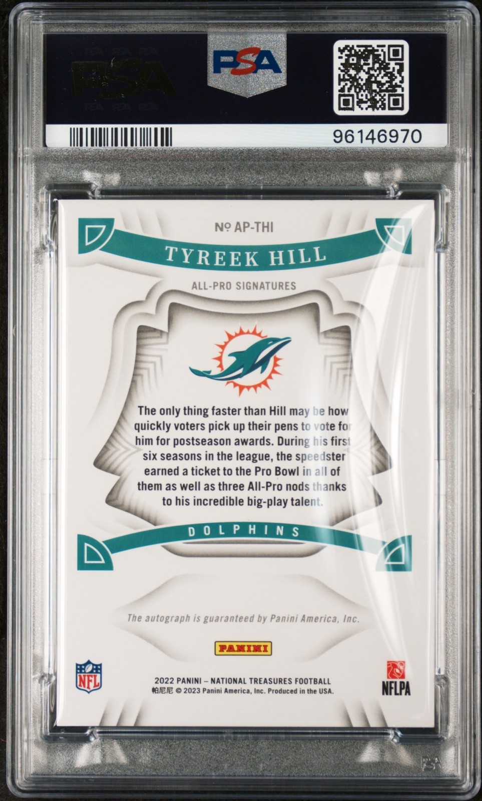2022 Panini National Treasures Tyreek Hill #AP-THI All Pro Signatures /49 PSA 8 view 2