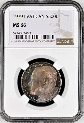 Vatican Silver 500 Lire 1979 I  NGC MS 66 UNC  Paul John II, Color Toning