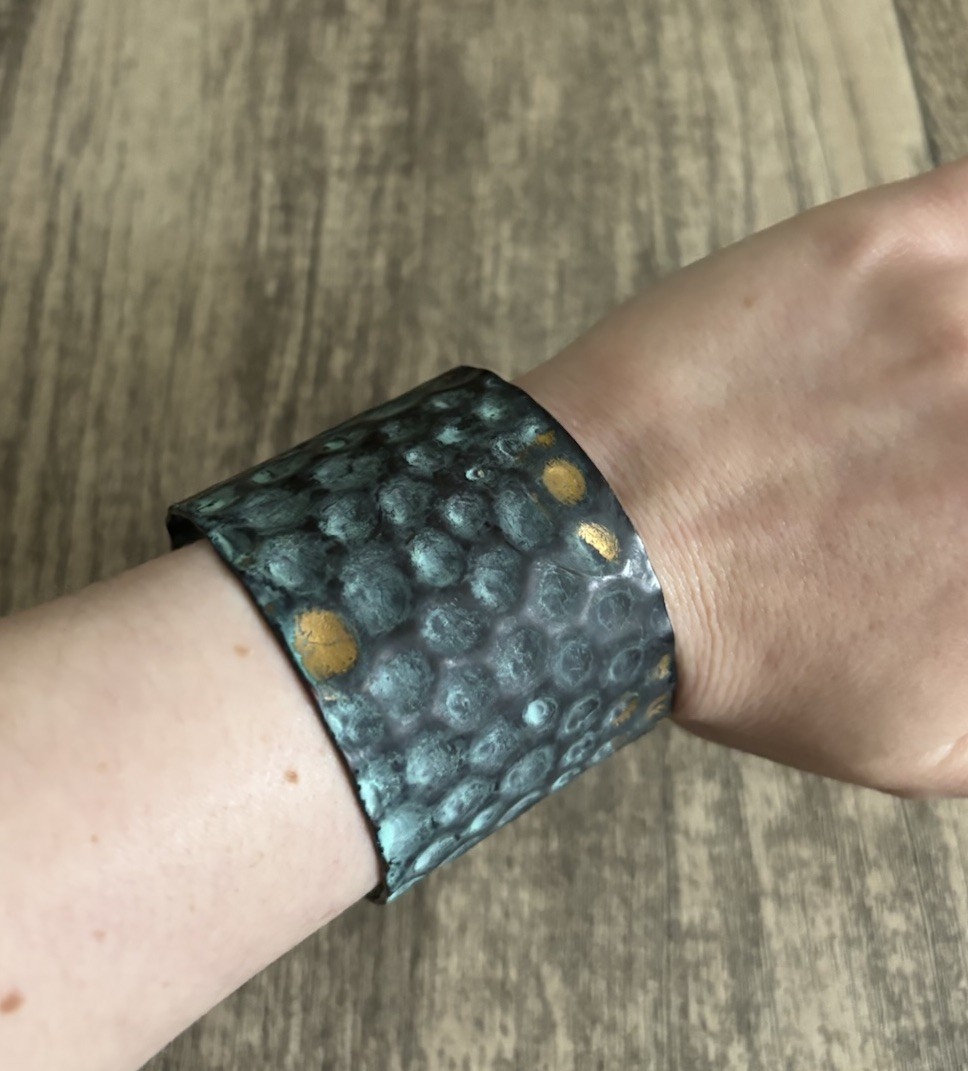Solid Copper Patina Cuff Bracelet With Dimpled Te… - image 5