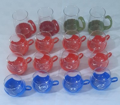 16 Vintage Pyrex Glass Roly Poly Drink Glasses with Plastic Holders MCM Lot