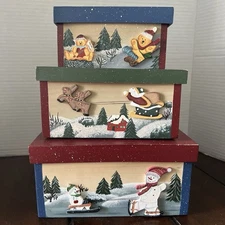Set Of 3 Wood Nesting Holiday/Christmas/Winter Boxes W/ Lids-Cape May