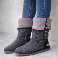 Vintage UGG Australia Boots Womens Y2K Button Stripe Fold Over Cuff Gray Pink 7