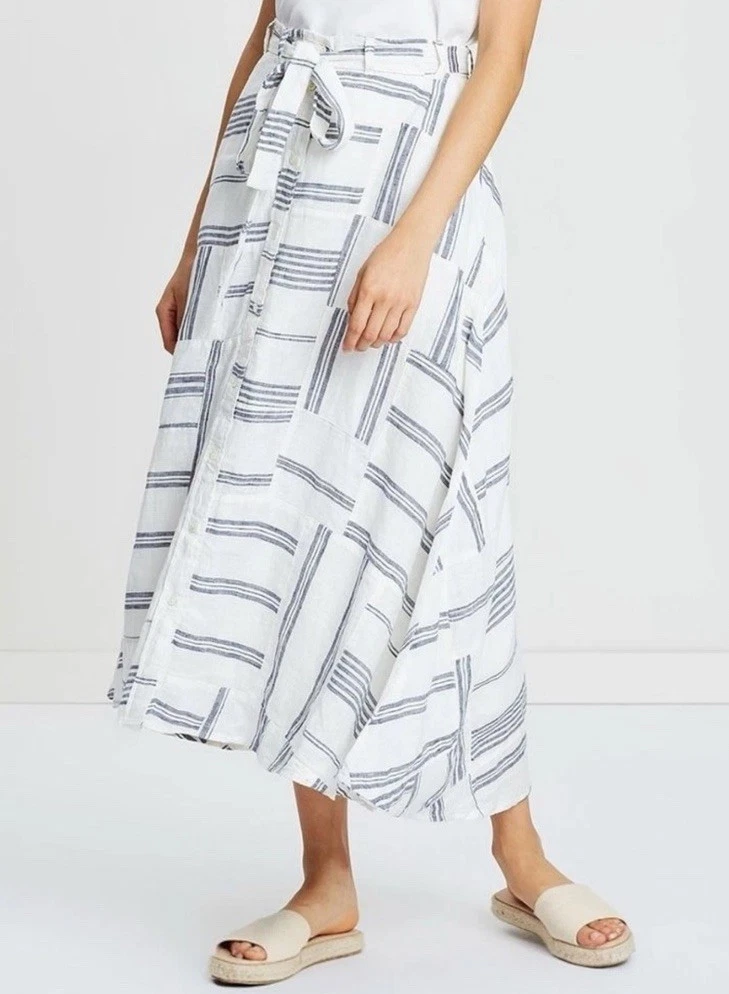New Polo Ralph Lauren Patchwork Striped Linen Maxi Skirt Cream Indigo Sz 10