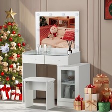 LED Ankleidespiegel Schminktisch mit Hocker Waschtisch Set Schrank beweglich