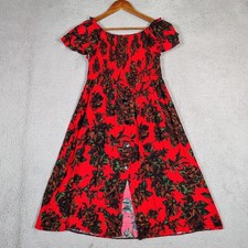 Zara Basic Dress Womens Red L Brown Floral Smocked Off-The Shoulder Cottage Core